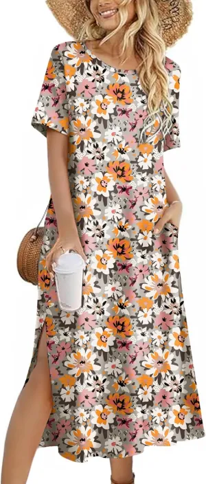 Zeagoo 2025 Vacation Dress Women Floral Summer Dress Casual Beach Dress Printed T Shirt Dress Split Long Dress Travel