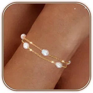 Zeffy Gold Pearl Beaded Bracelet for Women, 14K Gold Plated Jewelry Set With Paperclip Link Chain, Trendy Stack Bracelets
