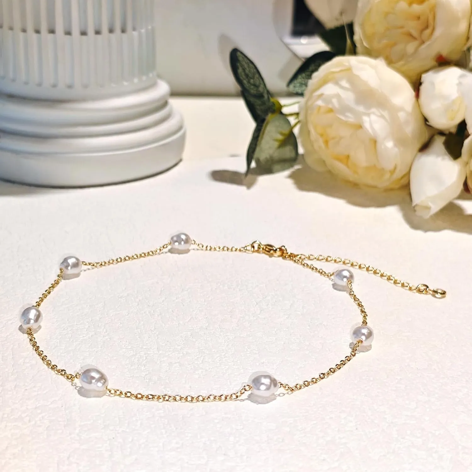 Zeffy Gold Pearl Beaded Bracelet for Women, 14K Gold Plated Jewelry Set With Paperclip Link Chain, Trendy Stack Bracelets