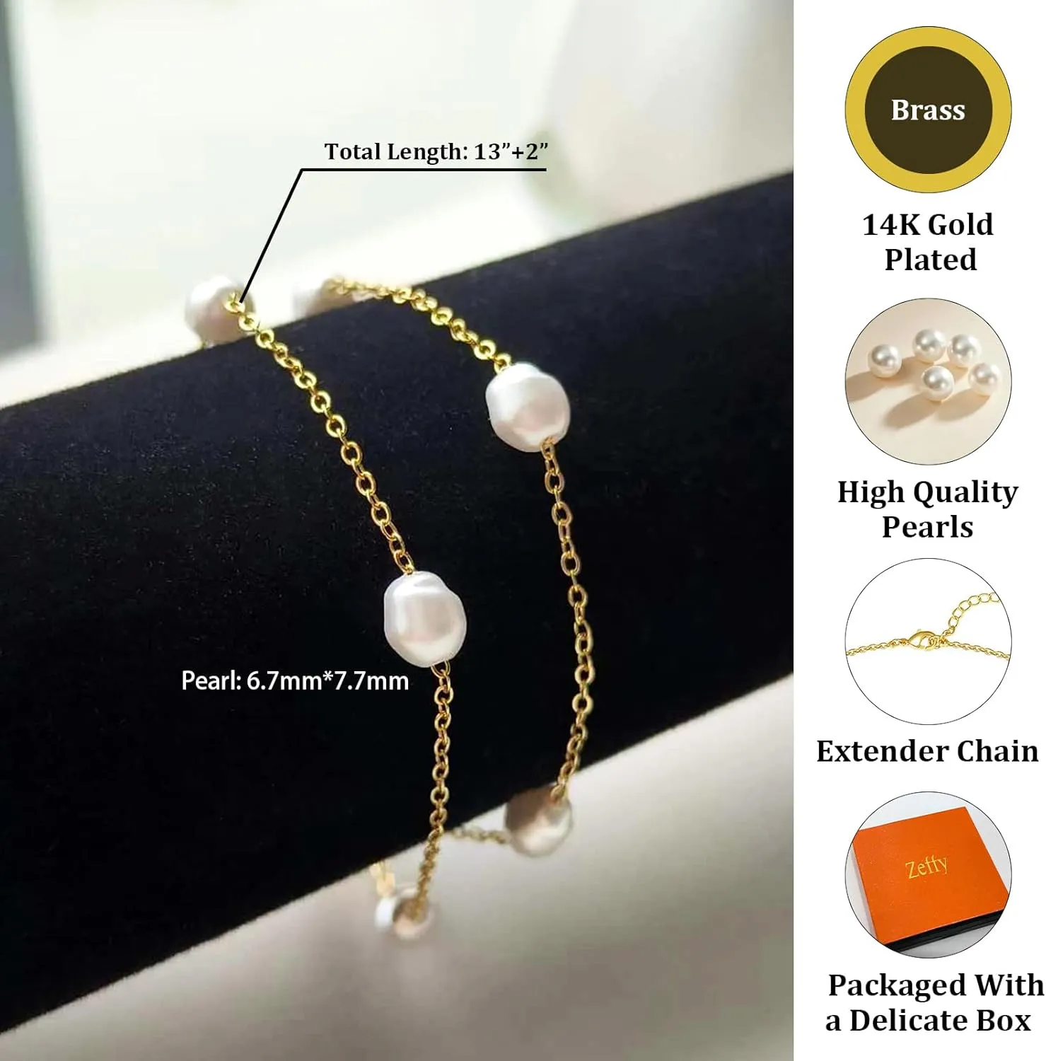 Zeffy Gold Pearl Beaded Bracelet for Women, 14K Gold Plated Jewelry Set With Paperclip Link Chain, Trendy Stack Bracelets